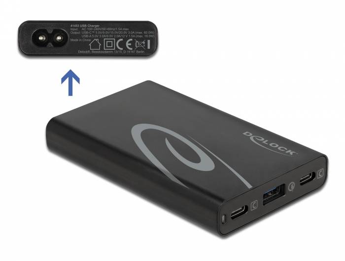 Black Doloch tragbare Powerbank/Ladegerät mit USB-C- und USB-A-Anschlüssen, plus eine obere Ausbuchtung zeigt den Ladeport und einen Pfeil, der die Ausrichtung anzeigt.