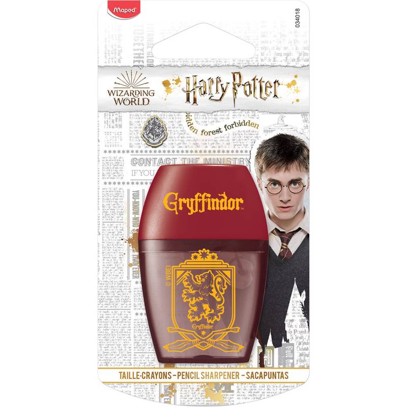 Ein Harry Potter-Themed Anspitzer mit dem Gryffindor-Wappen in Rot und Gold, auf dessen Verpackung ein junger Zauberer mit Brille abgebildet ist.