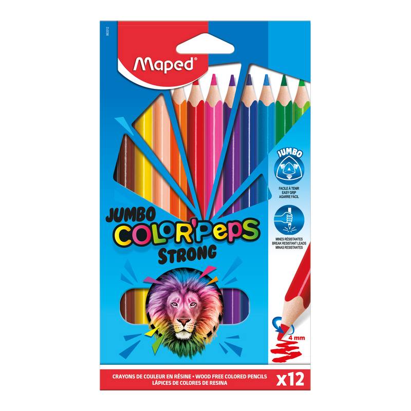 Packung mit 12 Maped Jumbo Color'Peps Strong Buntstiften mit leuchtenden Regenbogenstiften und Löwengrafik auf blauer Verpackung.