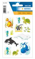 Paket mit dekorativen Aufklebern im Meeresdesign von Herma, das Fische, Seepferdchen, Schildkröten, Delfine, Wale, Orcas und blaue Meereskreatur-Illustrationen zeigt.