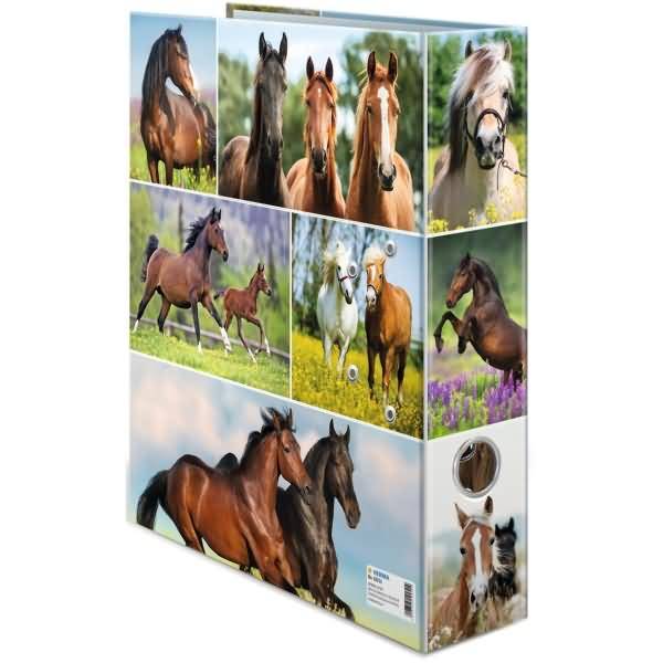 Pferde-Themen-Puzzlebox mit mehreren Fotos von Pferden auf Weiden, einschließlich Nahaufnahmen und Laufszenen.