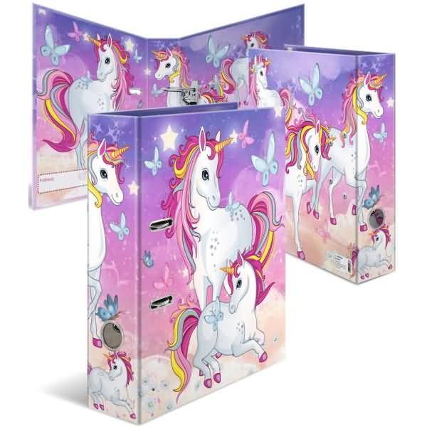 Drei violette Ringordner/Mappen mit Einhornmotiv mit Schmetterlings- und Sternenmustern, aus verschiedenen Winkeln dargestellt.