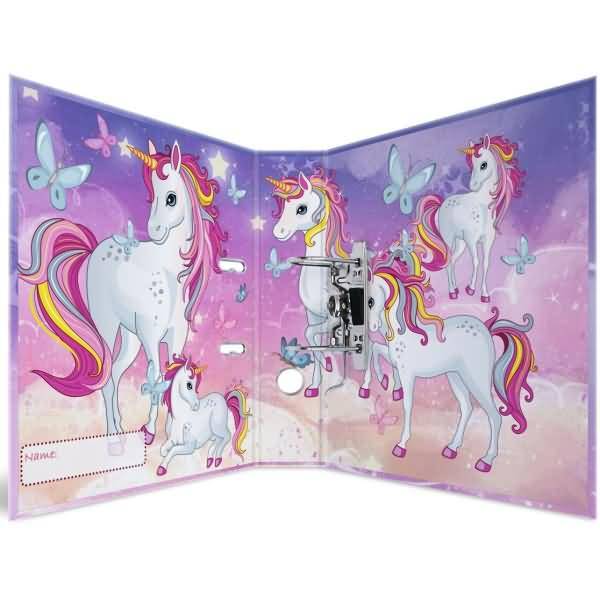 Ordner im rosa Einhorndesign mit mehreren Einhornillustrationen und Schmetterlingen auf violettem Hintergrund, geöffnet, um den Ringmechanismus zu zeigen.