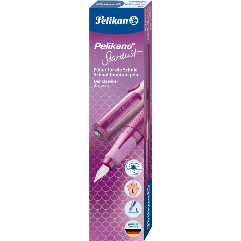 Pelikan Stardust Schulschulfüller in rosa-violetter Verpackung, gekennzeichnet mit „Füller für die Schule