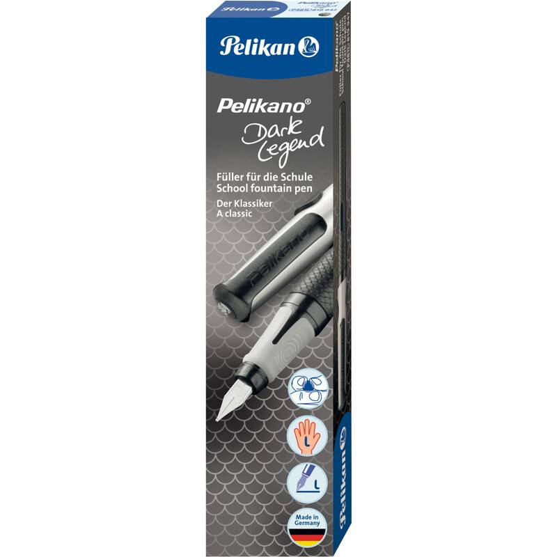 Pelikan Dark Legend Schulfüllhalter-Box, zeigt den Füllhalter und Produktbranding mit 'Ein Klassiker' und 'Made in Germany' Etiketten.