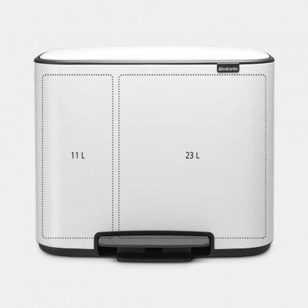 Weißer Doppelkammer-Mülleimer mit Fußpedal, beschriftet mit 11 L und 23 L, zum Trennen von Abfällen.