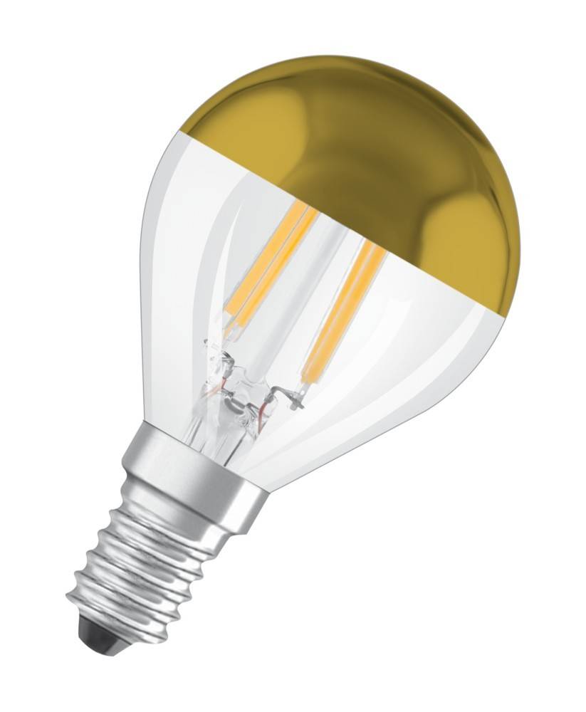 Eine goldfarben getönte LED-Glühbirne mit einer metallischen Basis, die sichtbare interne Filamente aufweist und für dekorative oder energieeffiziente Beleuchtung konzipiert ist.
