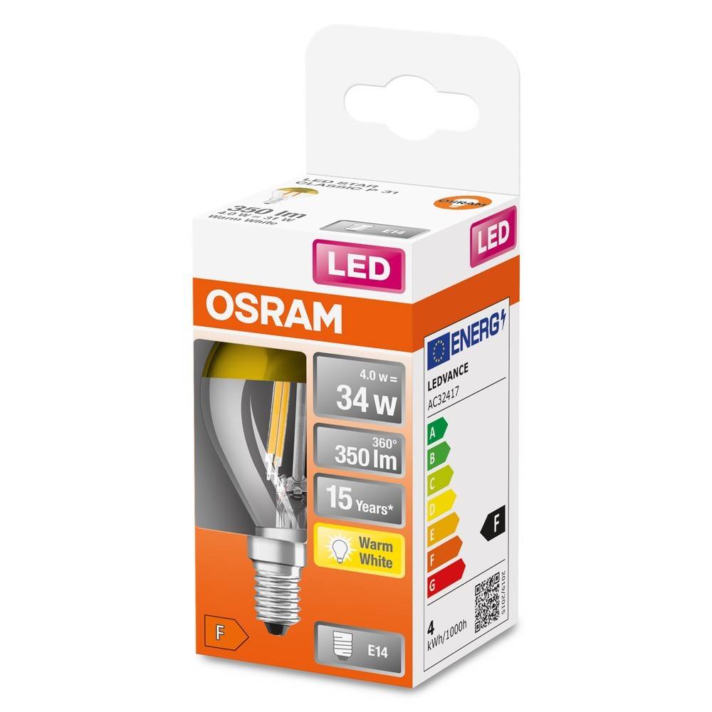 OSRAM LED-Lampe, 34W, 350 lm, warmweißes Licht, Energieeffizienzklasse F. E14-Sockel. Verpackung zeigt Energielabel und eine Lebensdauer von 15 Jahren.
