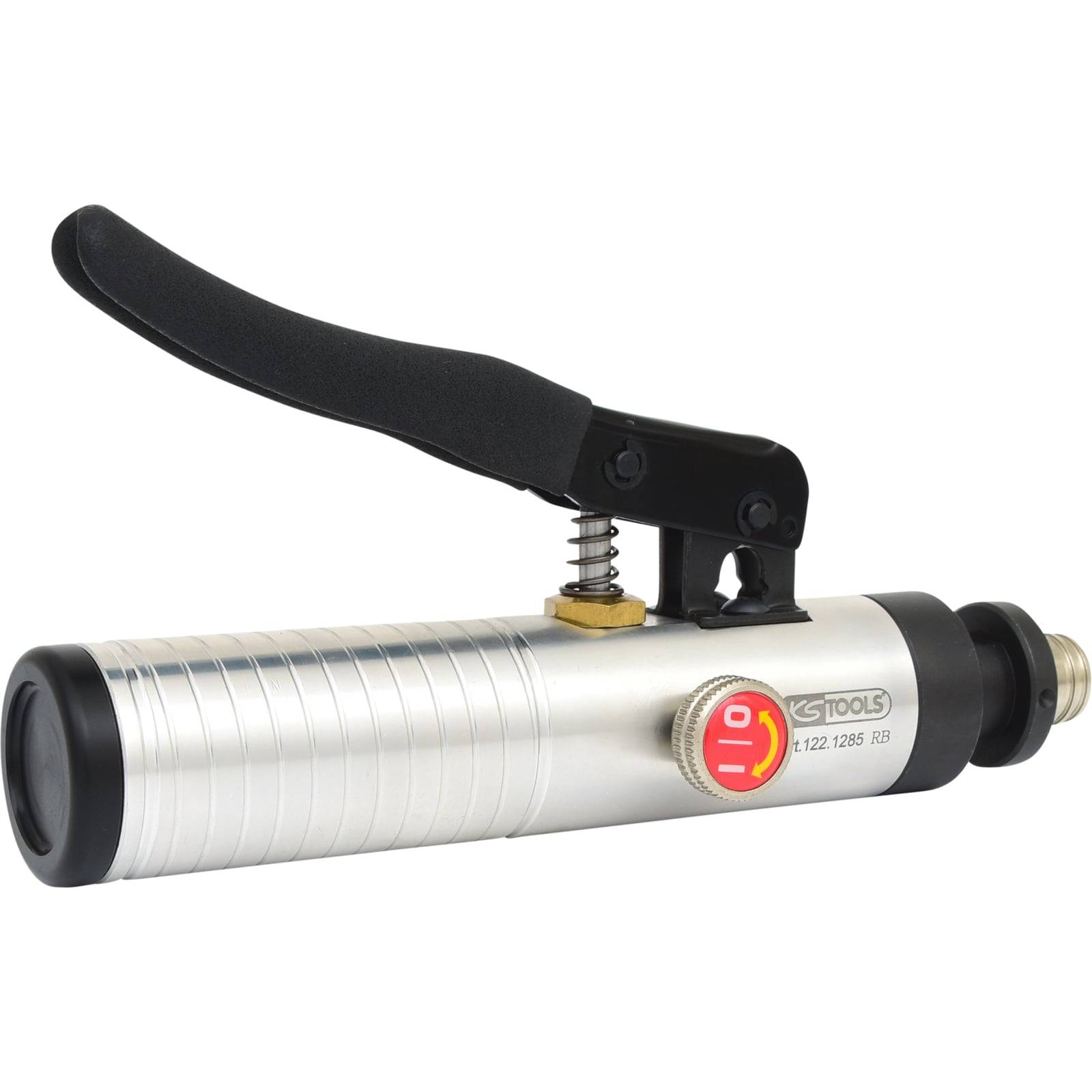 Eine Schmierpistole im Hebel-Design mit silbernem Gehäuse, schwarzem Griff und der Bezeichnung „KS Tools