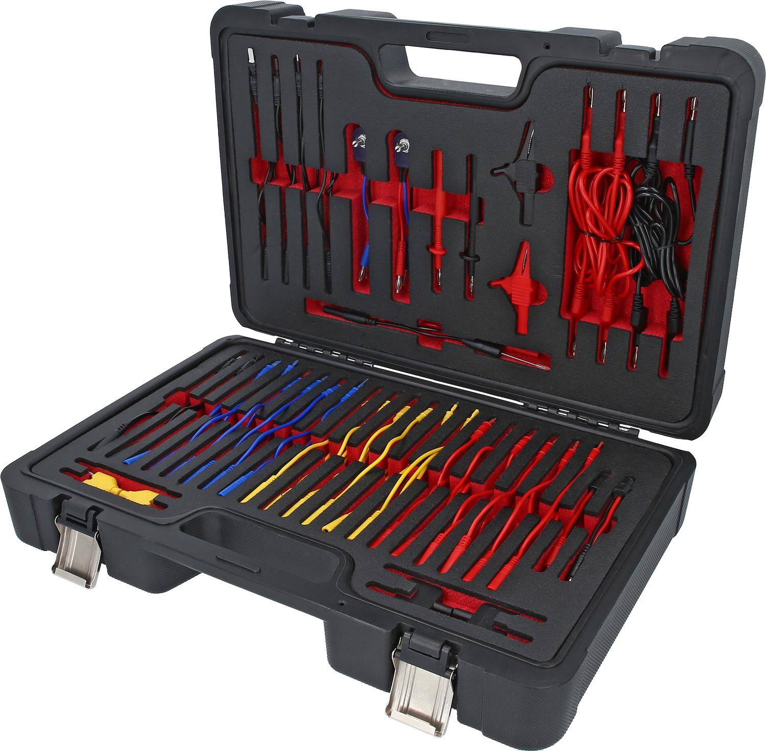 Eine offene schwarze Werkzeugkiste, die verschiedene isolierte Multimeter-Messleitungen in Rot, Gelb und Blau enthält, die ordentlich in Fächern angeordnet sind.