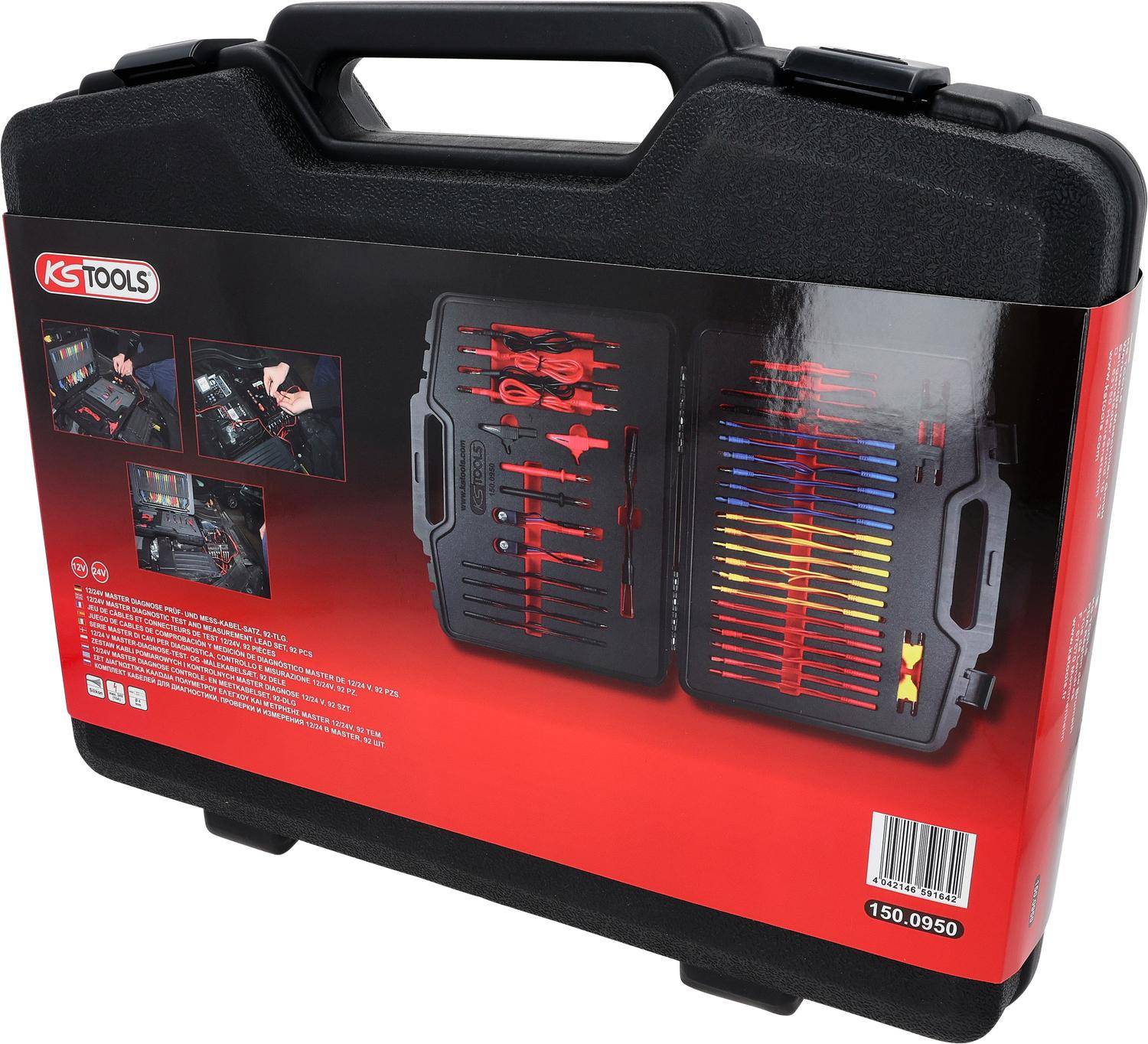 Eine schwarze und rote Werkzeugtasche mit verschiedenen Werkzeugen, die im Inneren organisiert sind und in einer offenen Ansicht auf der Verpackung gezeigt wird.