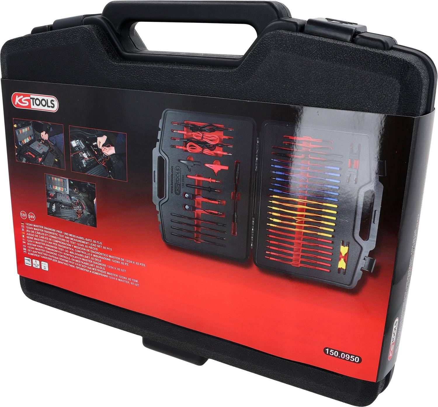 Ein schwarzer und roter Werkzeugkasten mit dem Markenlogo an der Vorderseite, der ein Bild des organisierten Werkzeugsatzes zeigt, der verschiedene Werkzeuge umfasst.