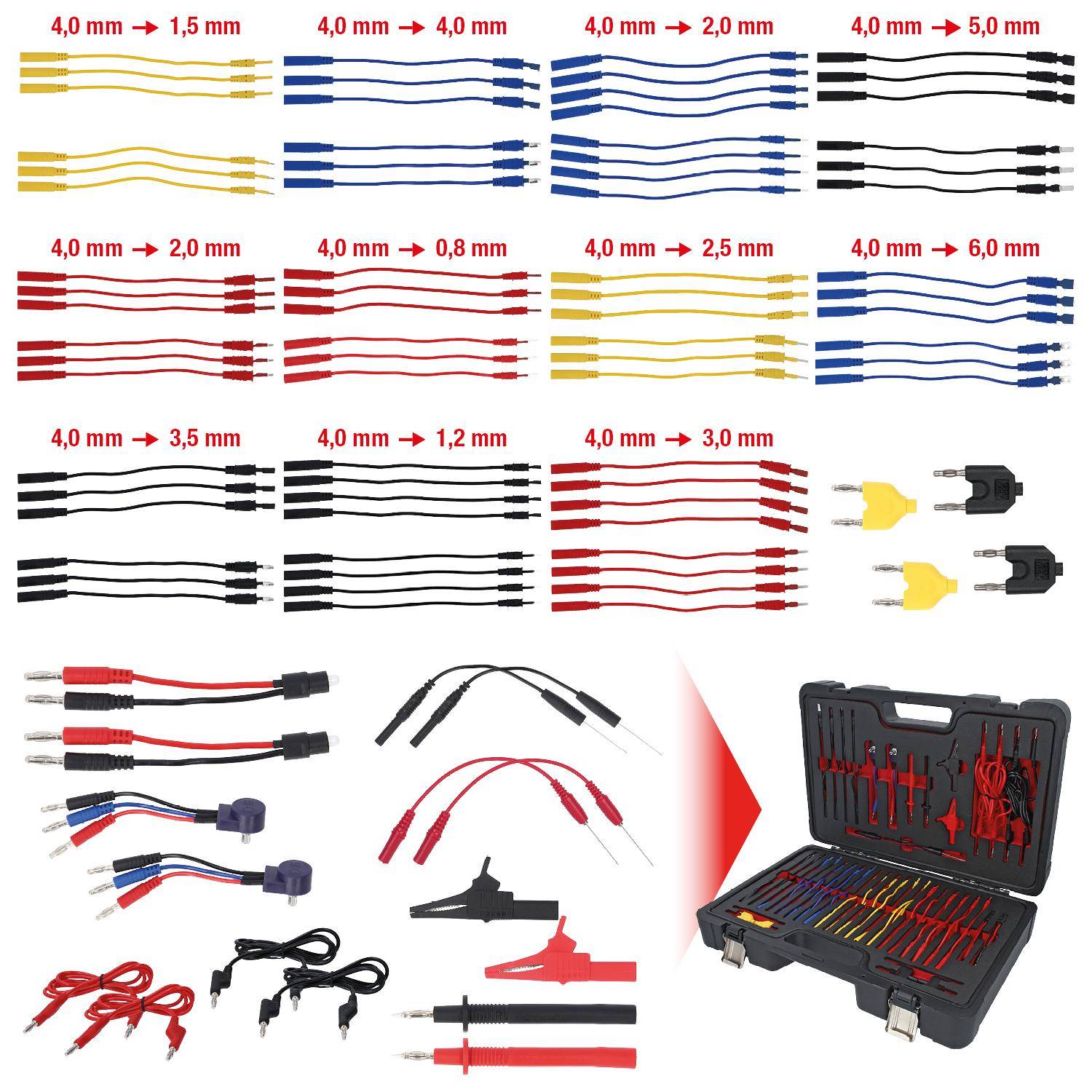 Automotive-Anschlussstiftsatz in verschiedenen Größen und Farben. Enthält Verbindungskabel und einen schwarzen Werkzeugkoffer mit roten Griffen und Fächern.