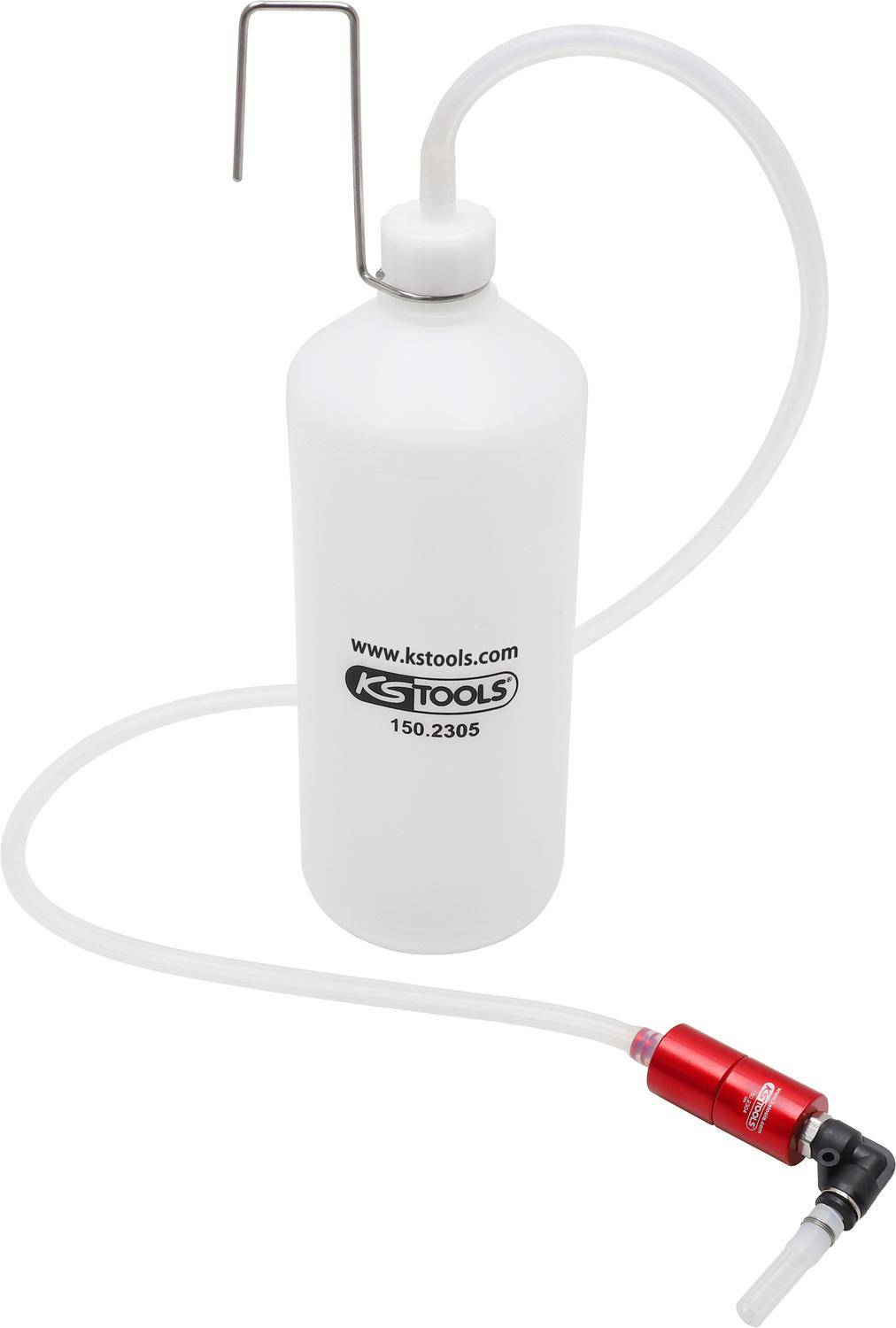 KStools' Fluidabsaugflasche mit angebrachtem transparentem Schlauch und roter Düse. Wird zum Absaugen und Umfüllen verschiedener Flüssigkeiten verwendet.