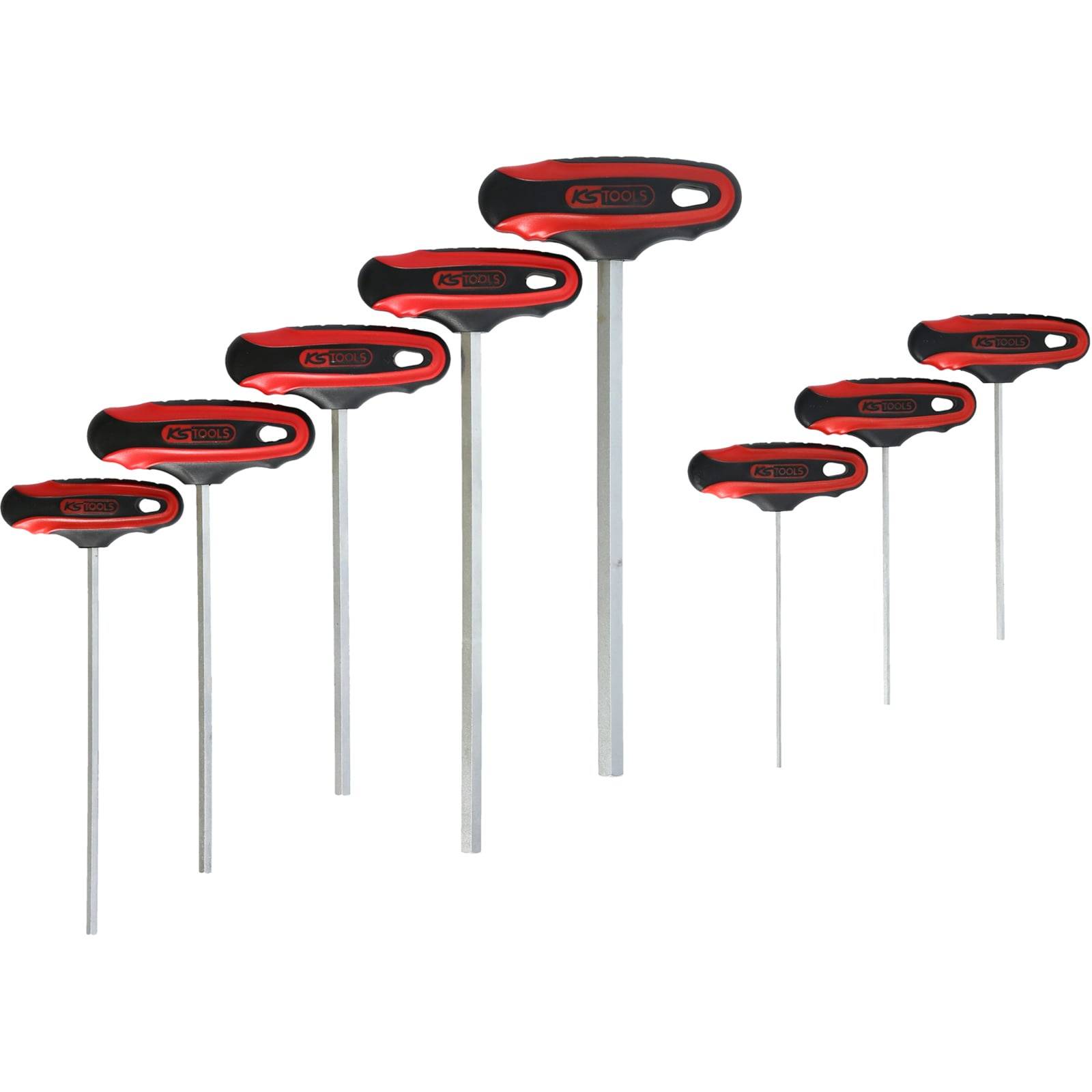 Ein Satz von sieben T-Griff-Sechskantschlüsseln, von kleinsten bis größten sortiert. Jedes Werkzeug verfügt über einen schwarz-roten Griff für besseren Halt.