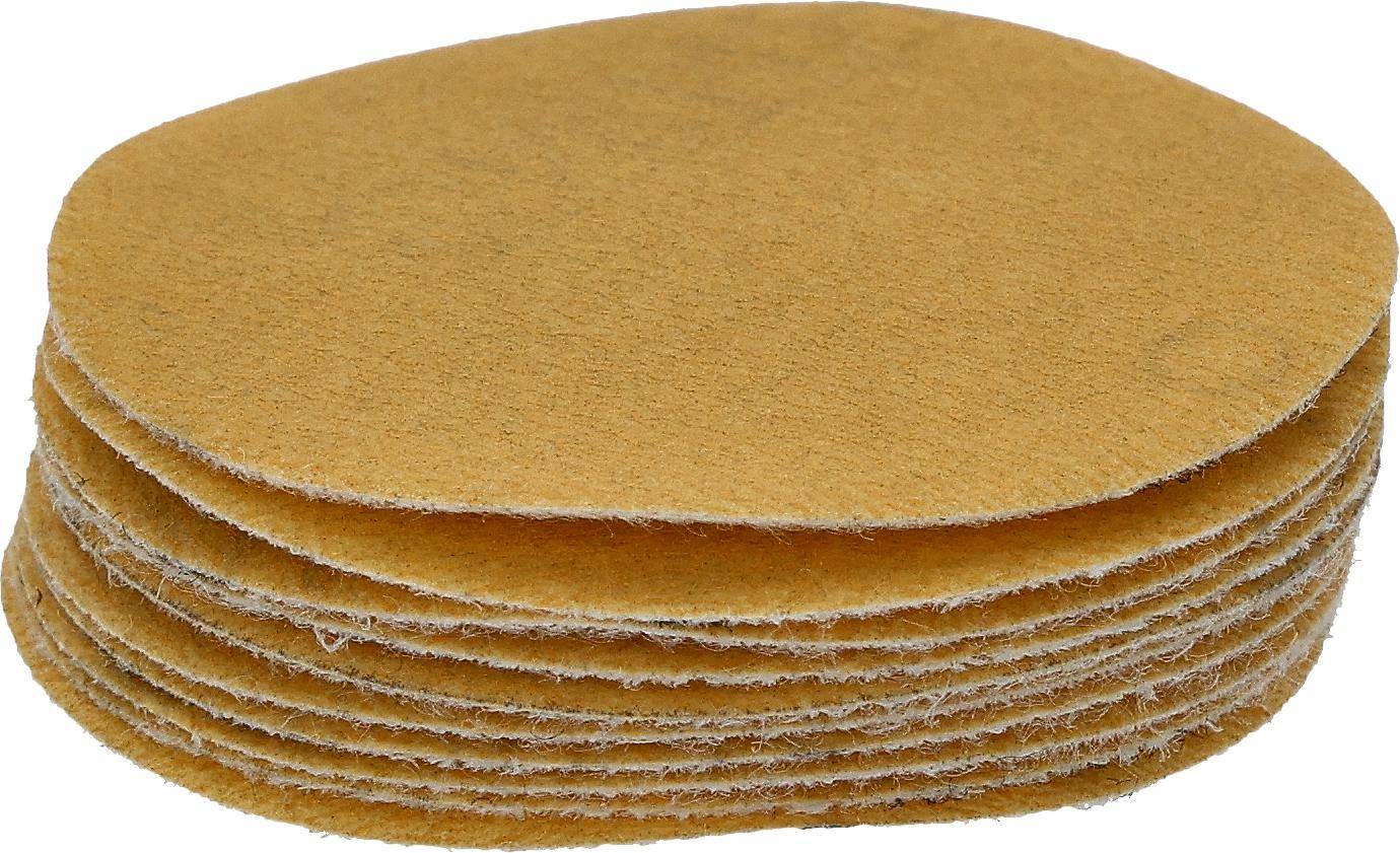 Ein Stapel runder, brauner Schleifpapierscheiben mit einer körnigen Textur, die auf eine Verwendung zum Schleifen oder Glätten von Oberflächen hindeutet.