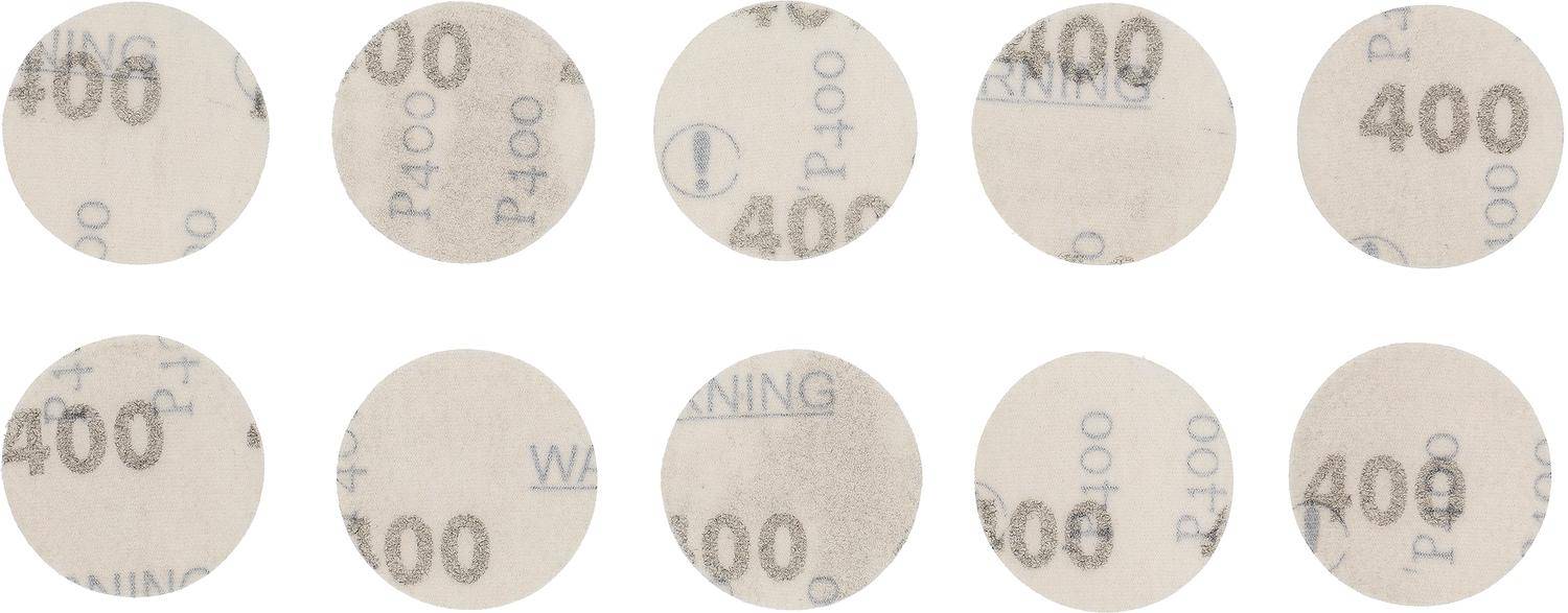 Sechs kreisförmige Schleifpapierblätter mit einer '400' Körnung und einem Ausrufezeichen, gleichmäßig auf einem weißen Hintergrund angeordnet.