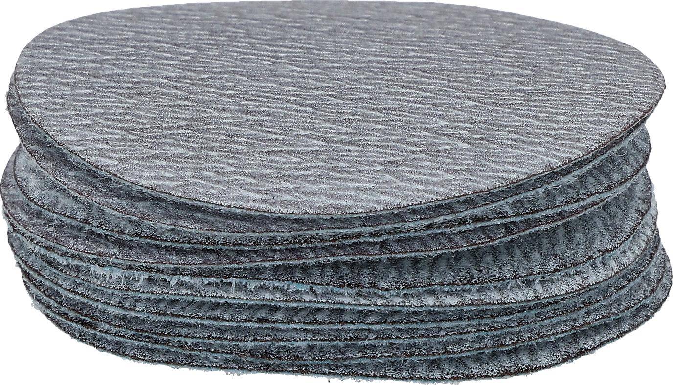 Ein Stapel runder, strukturierter grauer Schleifscheiben.
