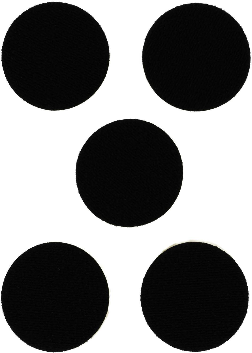 Fünf schwarze Kreise, die in einem Würfelmuster angeordnet sind und mit der Zahl '5' nummeriert sind: vier Kreise in den Ecken mit einem Mittelkreis auf weißem Hintergrund.