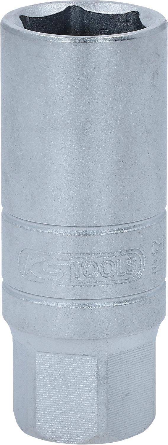 Eine silberne KS Tools Steckdose mit Rillen und sichtbarer Markierung, die zum Befestigen oder Lösen von Muttern und Schrauben verwendet wird.