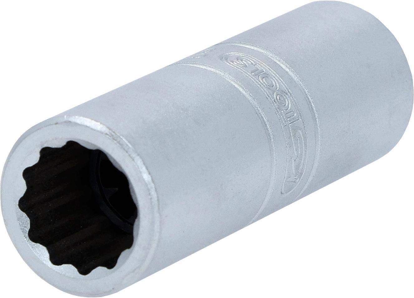 Ein silberner, zylindrischer Steckschlüssel mit einem auf der Seite gravierten Markennamen, der zum Anziehen oder Lösen von Muttern und Schrauben verwendet wird.