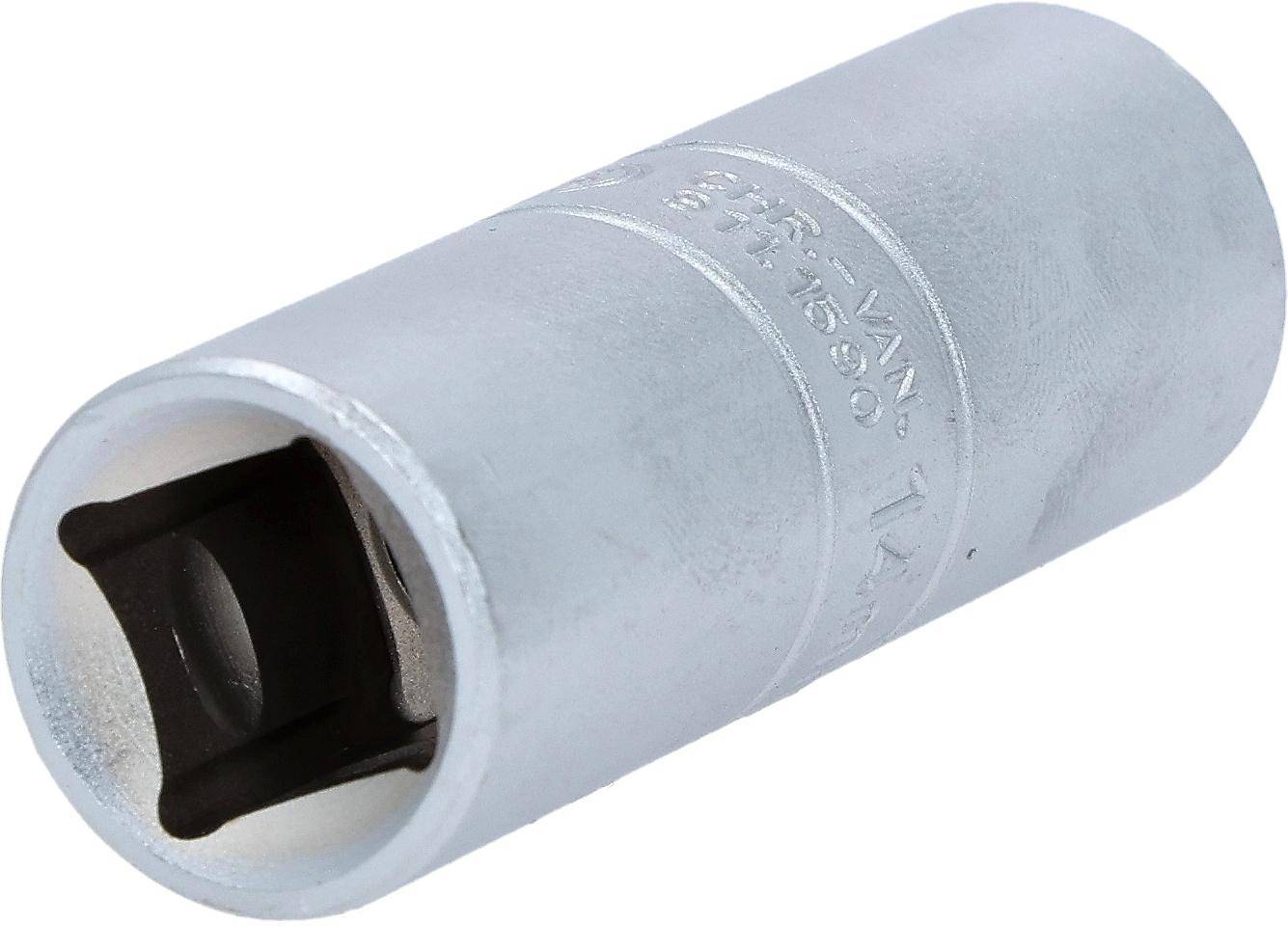 Ein metallischer Schraubenschlüssel mit einer zylindrischen Form, der entwickelt wurde, um über einen Schraubenkopf oder eine Mutter einer bestimmten Größe zu passen und diese zu drehen.