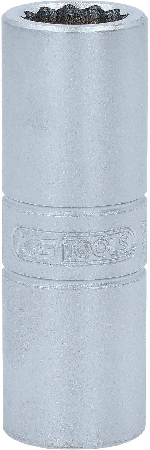 Eine Nahaufnahme eines metallischen Werkzeugteils mit dem Logo 'KS TOOLS', das in die Oberfläche eingraviert ist. Die Oberfläche ist glatt und zylindrisch.