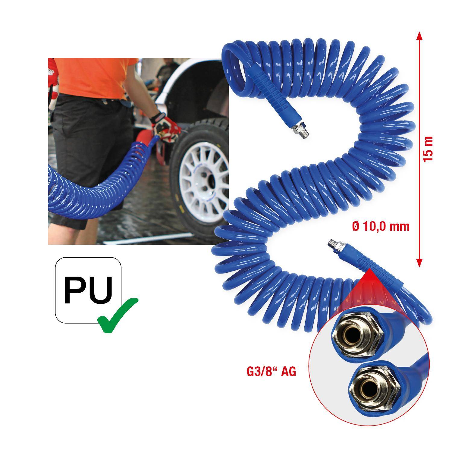 Aufgerollter blauer PU-Druckluftschlauch mit Metallanschlüssen, gezeigt angebracht zum Autowaschen; gekennzeichnet mit 15 m, 10,0 mm, G3/8 AG.