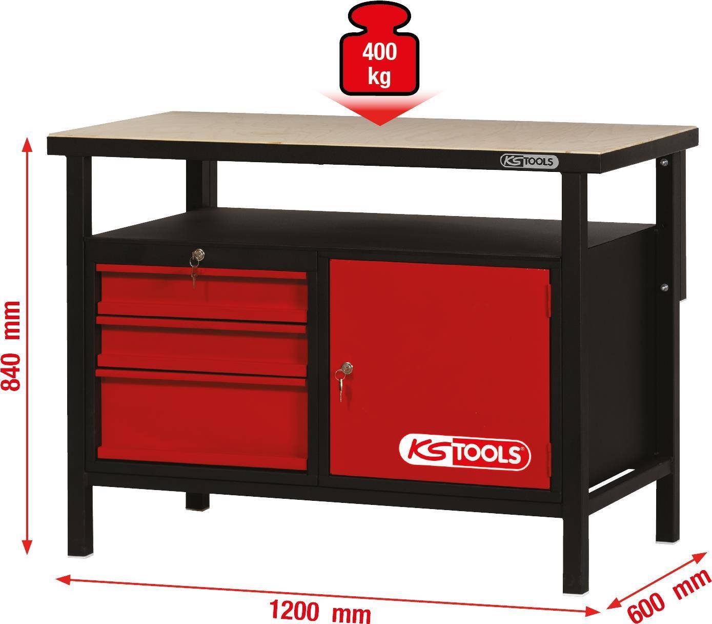 KS TOOLS Werkbank mit 3 Schubladen und 1 Tür, H840xB1200xT600mm (865.0003)