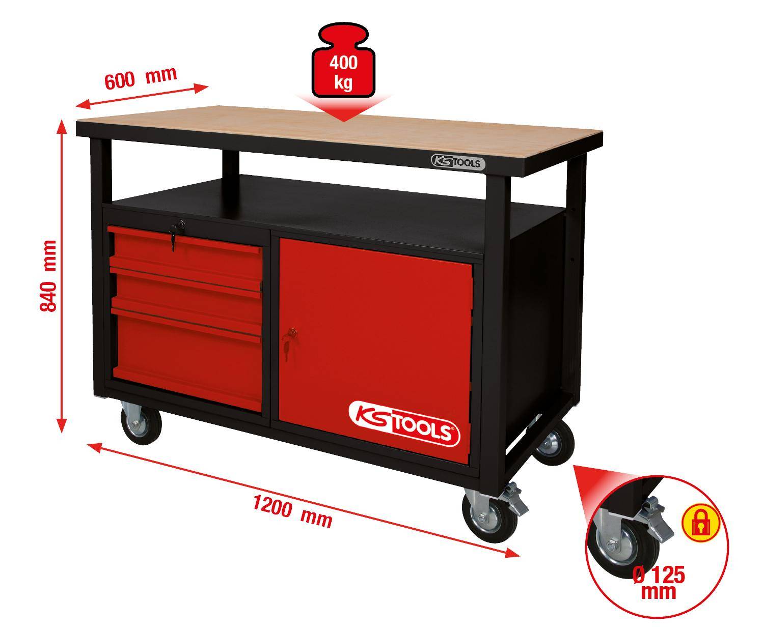 KS TOOLS Fahrbare Werkbank mit 3 Schubladen und 1 Tr
