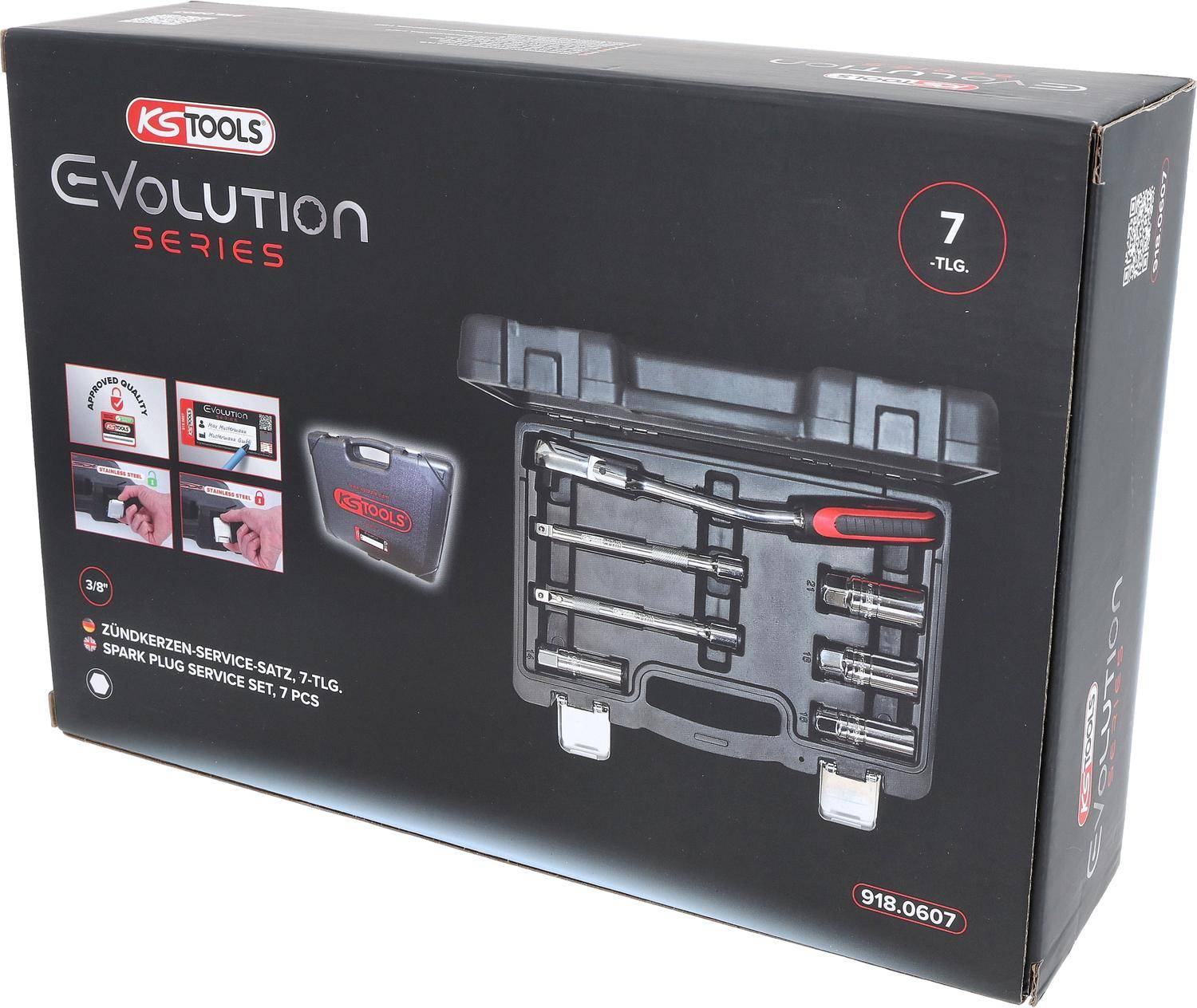 Eine schwarze Werkzeugbox mit der Aufschrift 'KS Tools', in der ein 7-teiliges Zündkerzen-Serviceset mit sichtbaren Werkzeugen ausgestellt ist. Die Verpackung zeigt Produktabbildungen und Markenbeschriftung.
