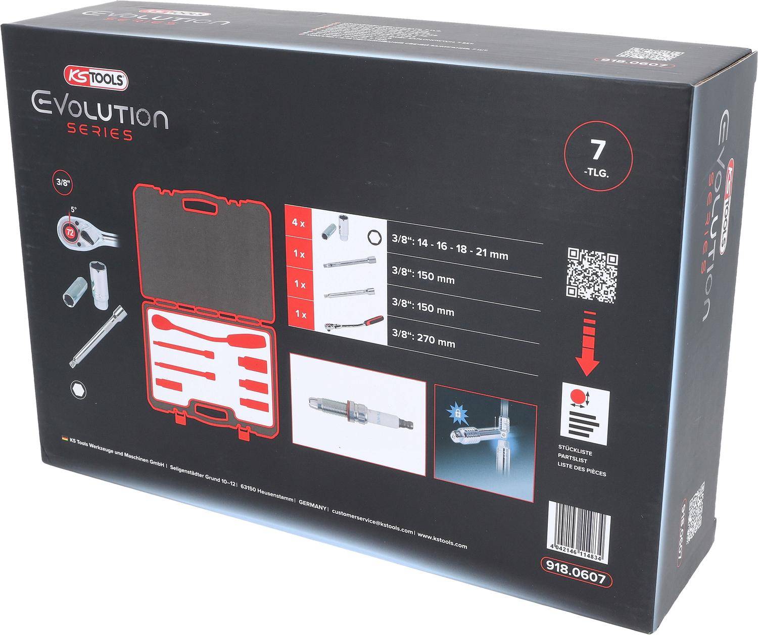 Eine Werkzeugbox mit der Bezeichnung 'Evolution Series' enthält verschiedene Sockelbuchsengrößen und einen Koffer, insgesamt 7 Stück. QR-Code und Produktinformationen sind sichtbar.