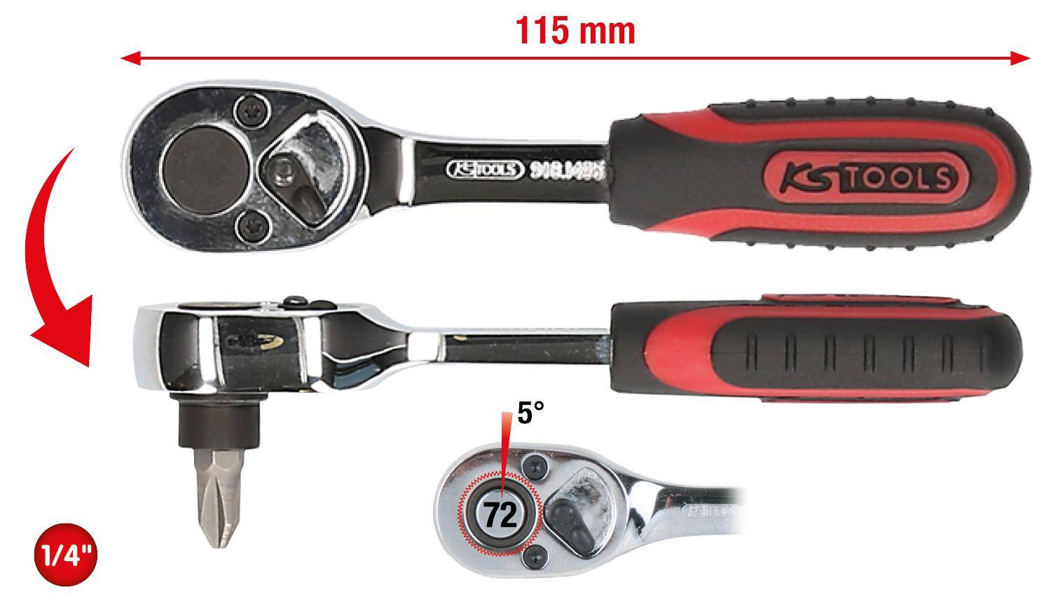 KS TOOLS 1/4" CHROMEplus Bit-Umschaltknarre, 115mm