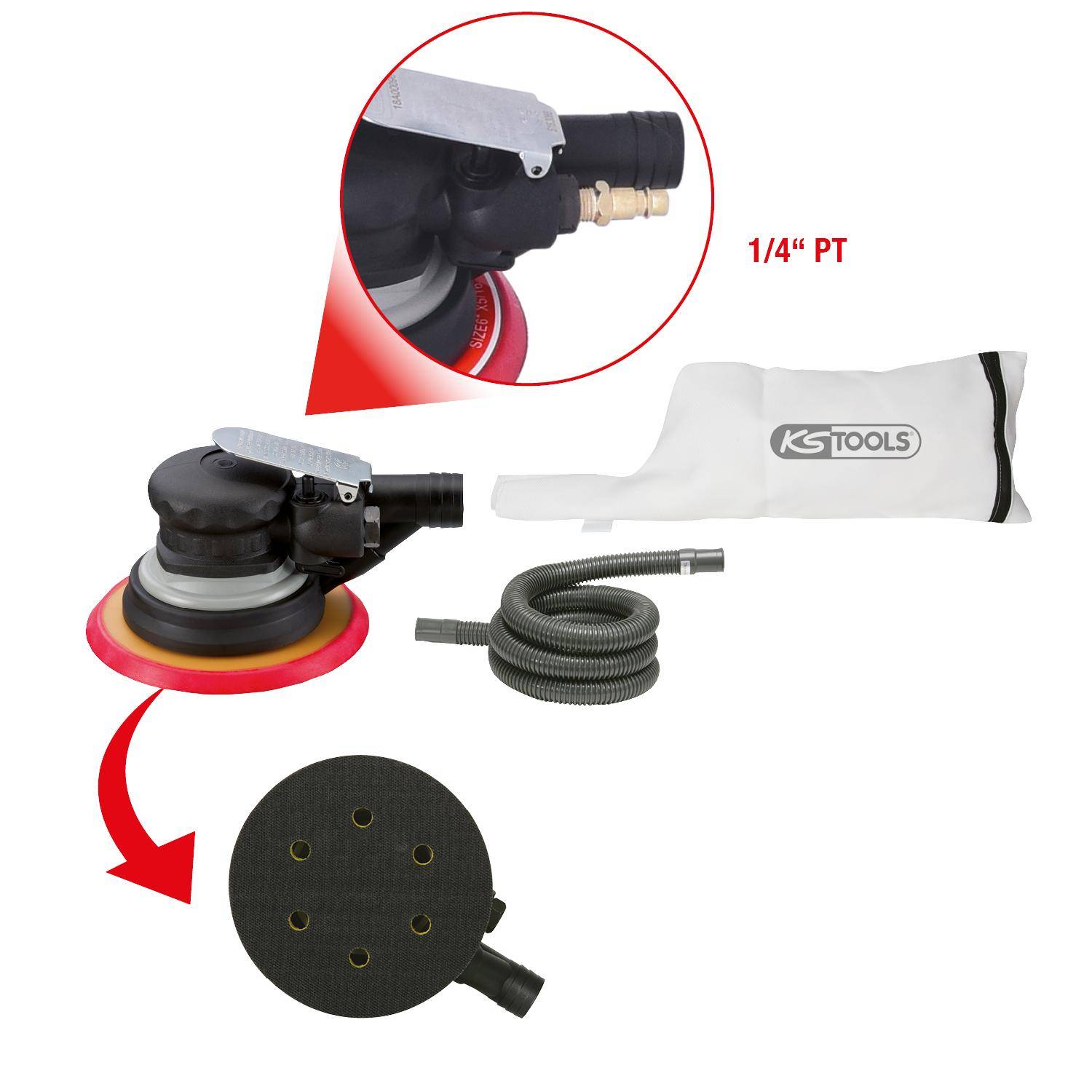 KS TOOLS Grobschliff-Druckluft-Excenterschleifer mit Staubabsaugung