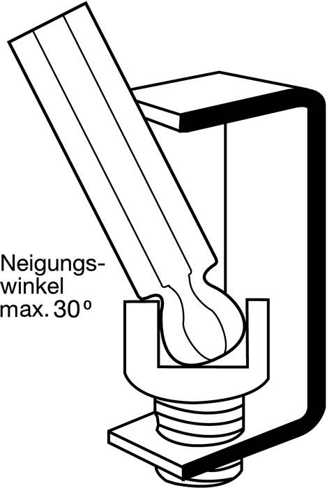 Ein Rohr neigt sich in einem Klemmhalter mit der Beschriftung „Neigungswinkel 30º