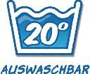 Symbol einer Waschmaschine mit der Anzeige '20 Grad', der eine empfohlene Waschtemperatur für empfindliche Kleidungsstücke angibt.