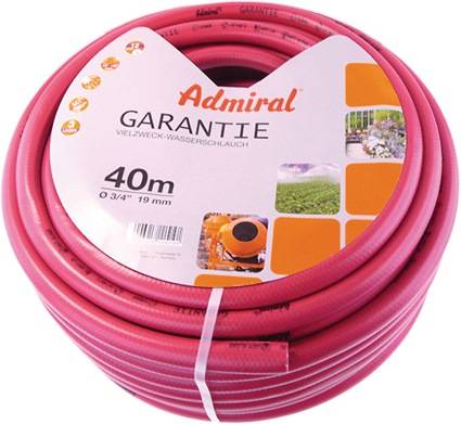 Admiral Garantie' Gartenschlauch in Pink, 40m lang, 19mm Durchmesser. Verpackt in einer weiß-orangenen Etikette mit Bildern von Garteneinsatzmöglichkeiten.