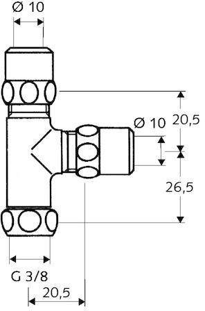 Technische Zeichnung eines T-Stück-Rohranschlusses mit Abmessungen: horizontaler Rohrdurchmesser 10, vertikale Fittinghöhe 26,5, Kreuzungshöhe 20,5.