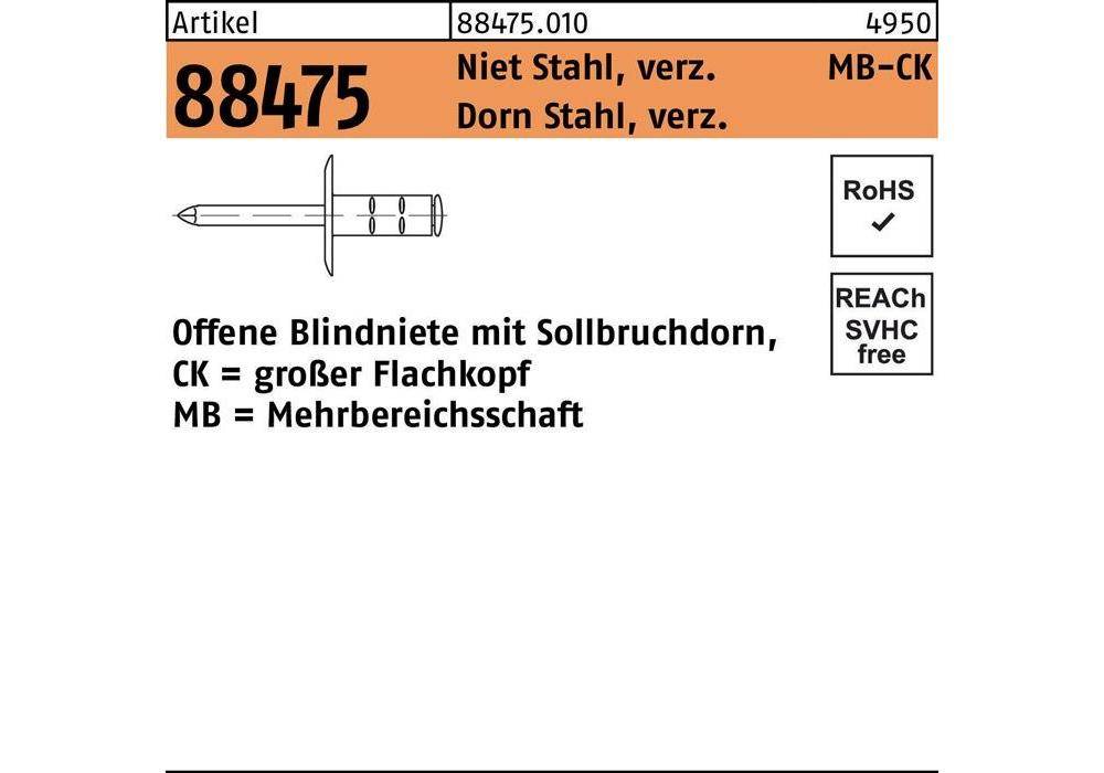 GESIPA Blindniete R 88474 Flachkopf 3,2x11 K 9,5 Niet Stahl