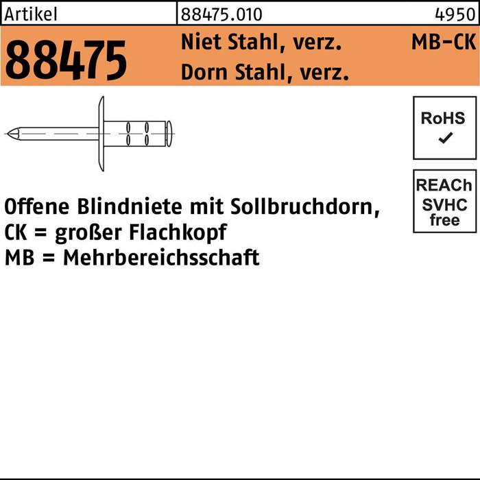 Blindniete R 88474 FLAKO 3,2x11 K 9,5 Niet Sta verz/Dorn Sta verz 1000St. GESIPA