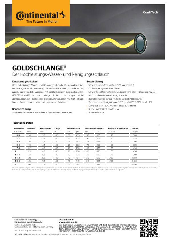 Wasserschlauch GOLDSCHLANGE® L.40m ID 25mm AD 34mm RL 40m CONTINENTAL