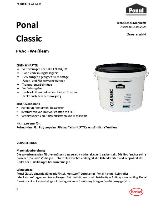 Holzleim Classic 760g EN 204: D1,D2 Dose PONAL