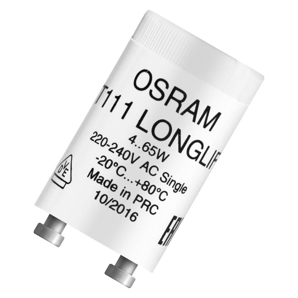 Das Bild zeigt einen OSRAM Longlife 4-65W-Kondensator, beschriftet mit '220-240V AC Einzeln -20°C...+80°C, Hergestellt in VR China, 10/2016'.