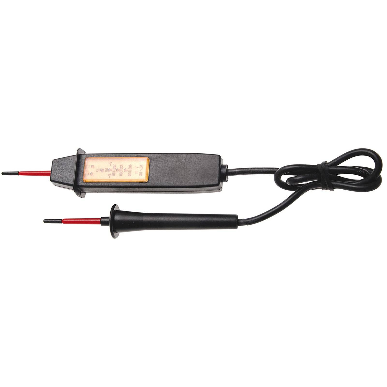 Ein Spannungsprüfer mit zwei Messspitzen, einer roten und einer schwarzen, die durch ein Kabel verbunden sind und zur Messung der elektrischen Spannung in Stromkreisen verwendet wird.