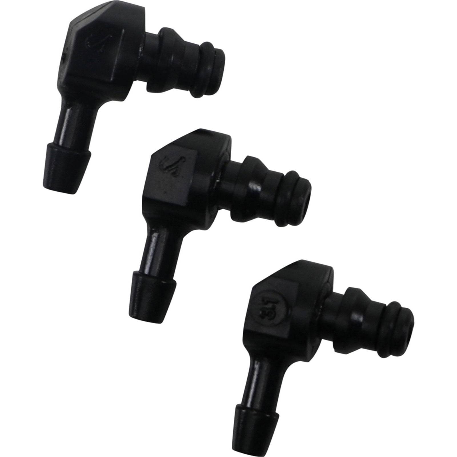 Drei schwarze Kunststoff-Schlauchanschlüsse mit Winkeldesign, diagonal angeordnet, geeignet für Bewässerungssysteme.