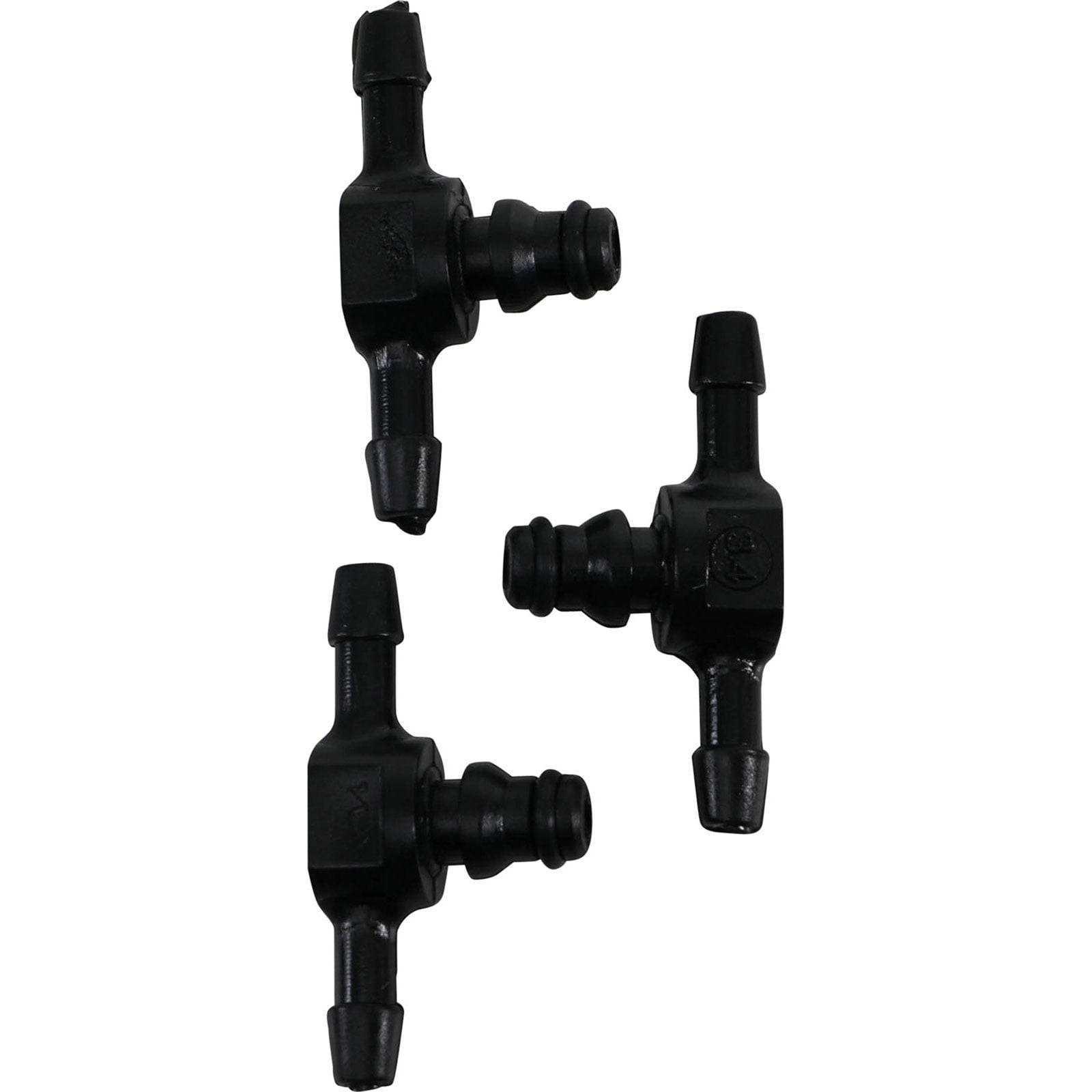 Drei schwarze Plastik-T-förmige Verbinder mit Rillenenden, die üblicherweise zum Verbinden von flexiblen Schläuchen in Sanitär- oder Bewässerungssystemen verwendet werden.