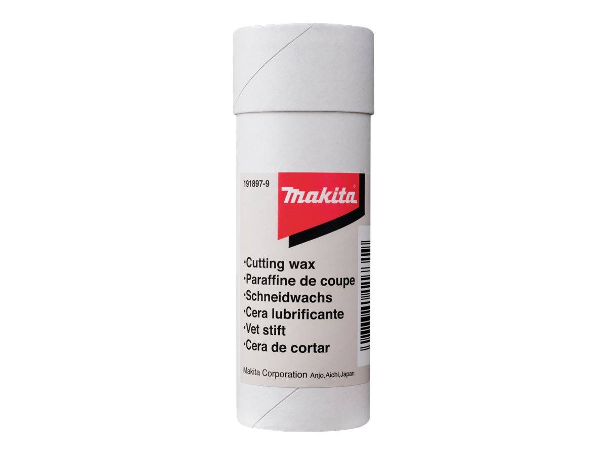 Makita Schneidewachsstift in einem weißen zylindrischen Behälter mit Produktetiketttext in mehreren Sprachen.