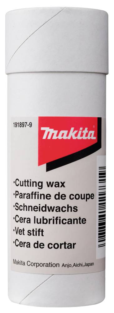 Makita Schneidwachsstab-Behälter mit Etikett, das Verwendungen in mehreren Sprachen auflistet, einschließlich „Schneidwachs