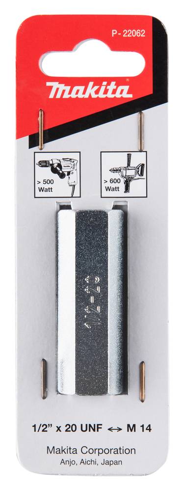 Makita 1/2 Zoll x 20 UNE auf M14 Adapter-Set, gekennzeichnet für Bohrmaschinen-Gebrauch über 500W oder 600W, in Einzelhandelverpackung.