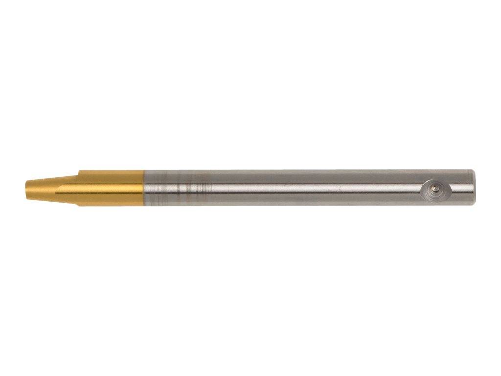 Ein Metallschneidewerkzeug mit einem silbernem zylindrischen Körper und einer goldenen konischen Spitze, horizontal auf weißem Hintergrund dargestellt.